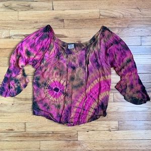 GYPSY ROSE size S Pink Brown Purple 3/4 Bell Sleeve Tie-Dye Boho Top
